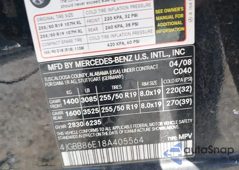 2008 Mercedes-Benz Ml 350 4Matic из США, поврежденный, VIN 4JGBB86E18A405564